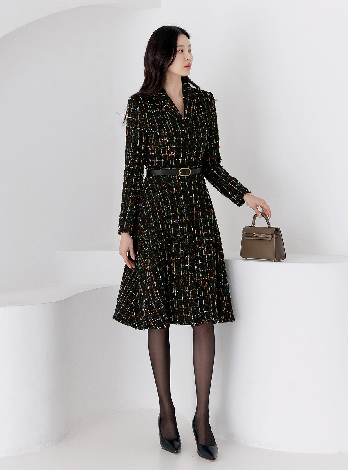 Elegant Tweed Flare Dress with Belted Waist and Gold‑Thread Detail