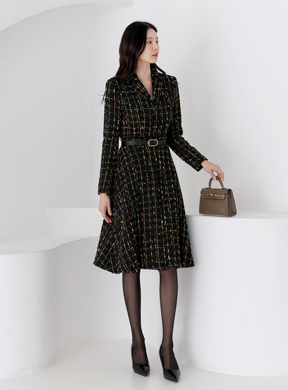 Elegant Tweed Flare Dress with Belted Waist and Gold‑Thread Detail