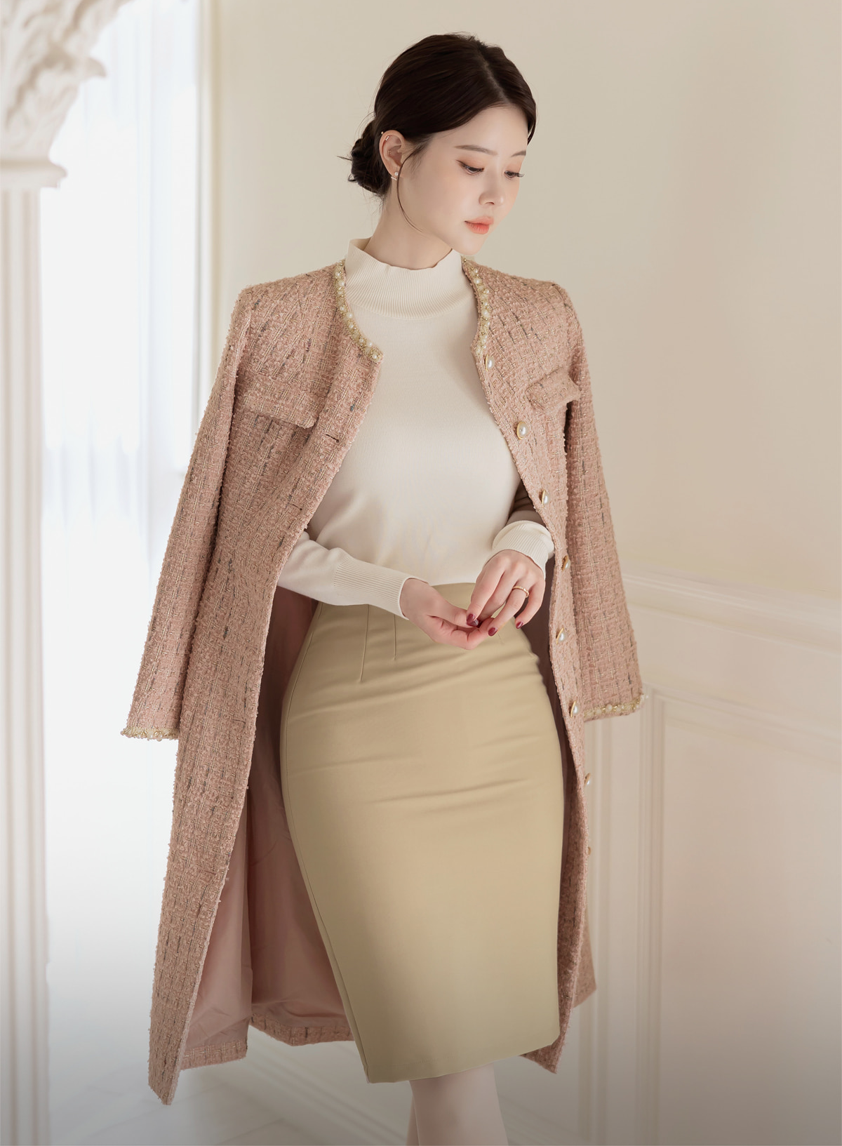 Elegant Long Tweed Jacket with Pearl Trimming