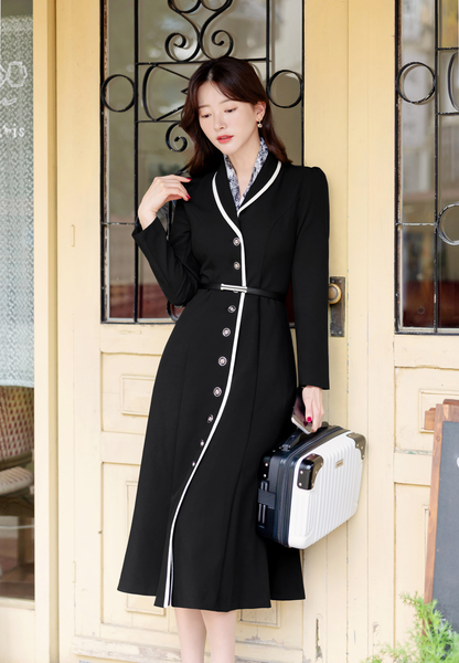 Flare Dress with Small Shawl Collar, Contrast Trim, and Button-Front Closure