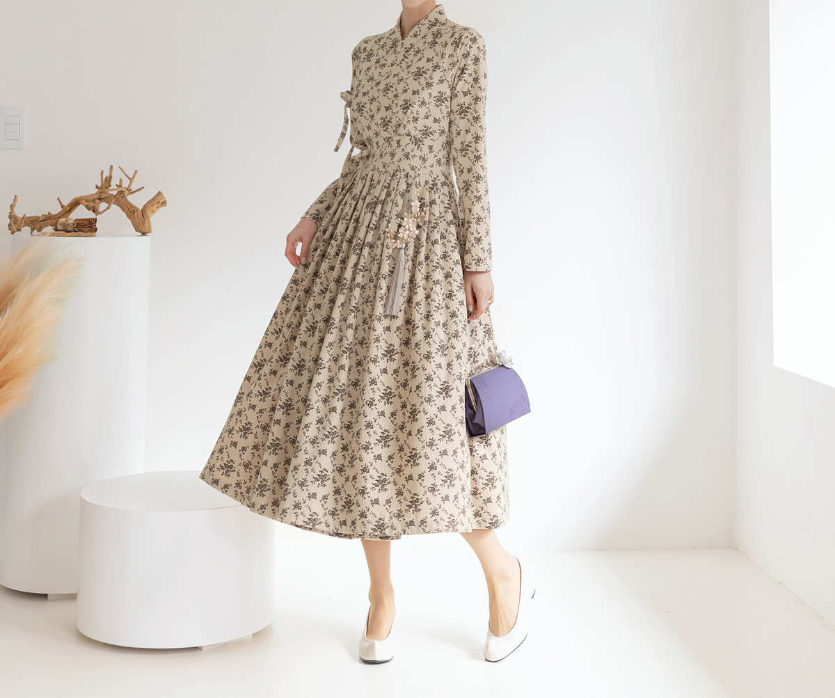 Floral Pattern Corduroy Modern Hanbok Wrap Dress