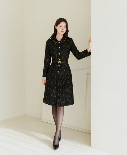 Luxury Tweed Dress with Gold‑Chain Detailing and Removable Belt