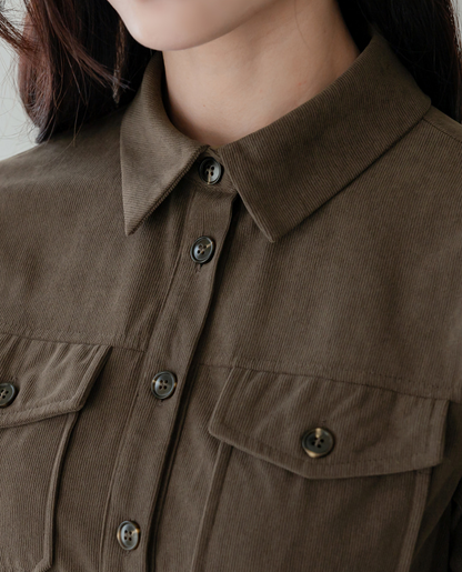 Corduroy A-Line Shirt Dress with Pin-Tuck and Contrast Details