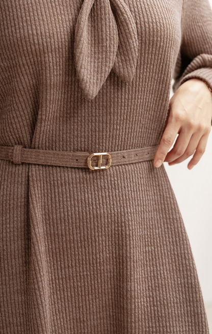 Cozy Tie Neck Belted Knit Dress