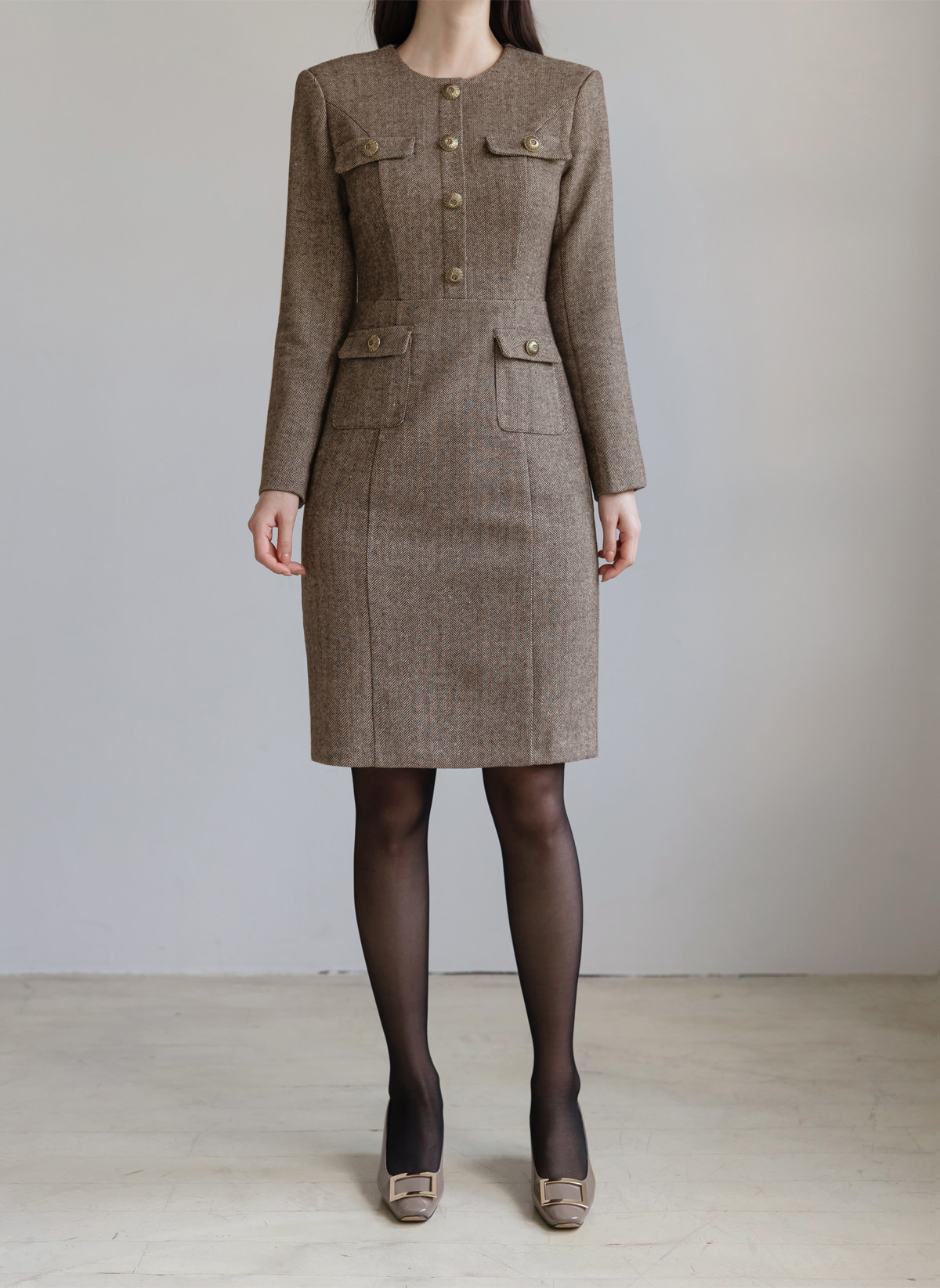 Herringbone Sheath Dress with Pockets