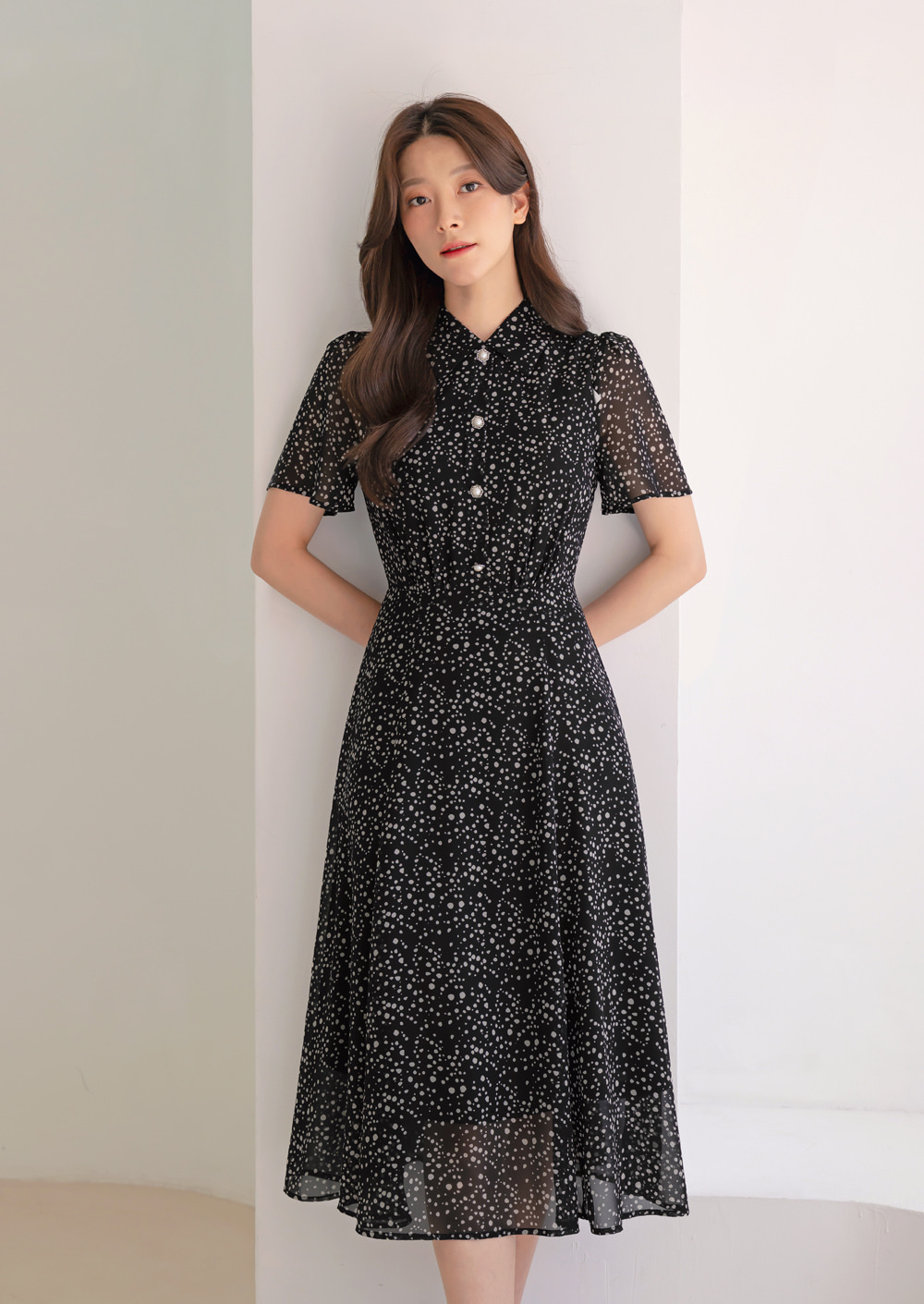 Romantic Chiffon Tie-Neck Dress with Graceful Dot Print
