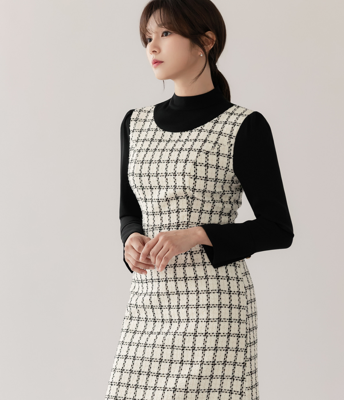 Layered Tweed Dress with Mock Neck Blouse