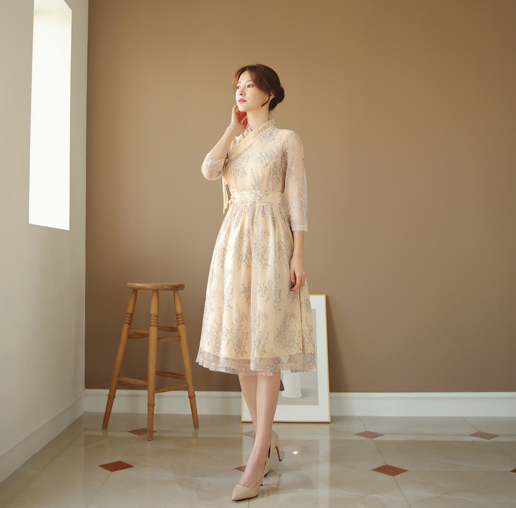 Feminine Floral Lace Modern Hanbok Wrap Dress