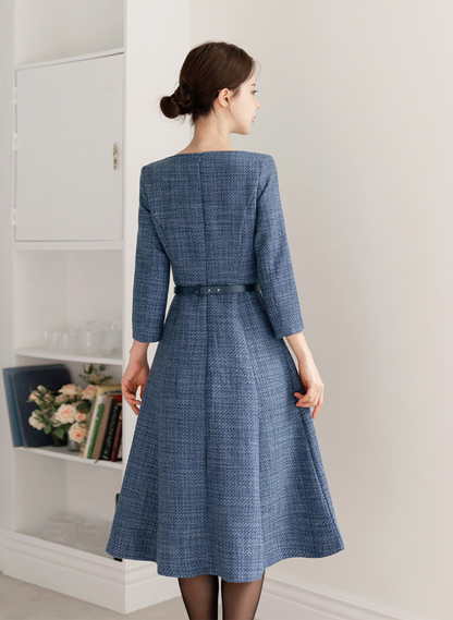 Feminine Boat Neck Blue Tweed Flare Dress with Belt