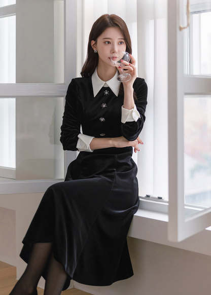 Velvet Flare Dress with Jewelry Buttons, White Collar & Cuffs