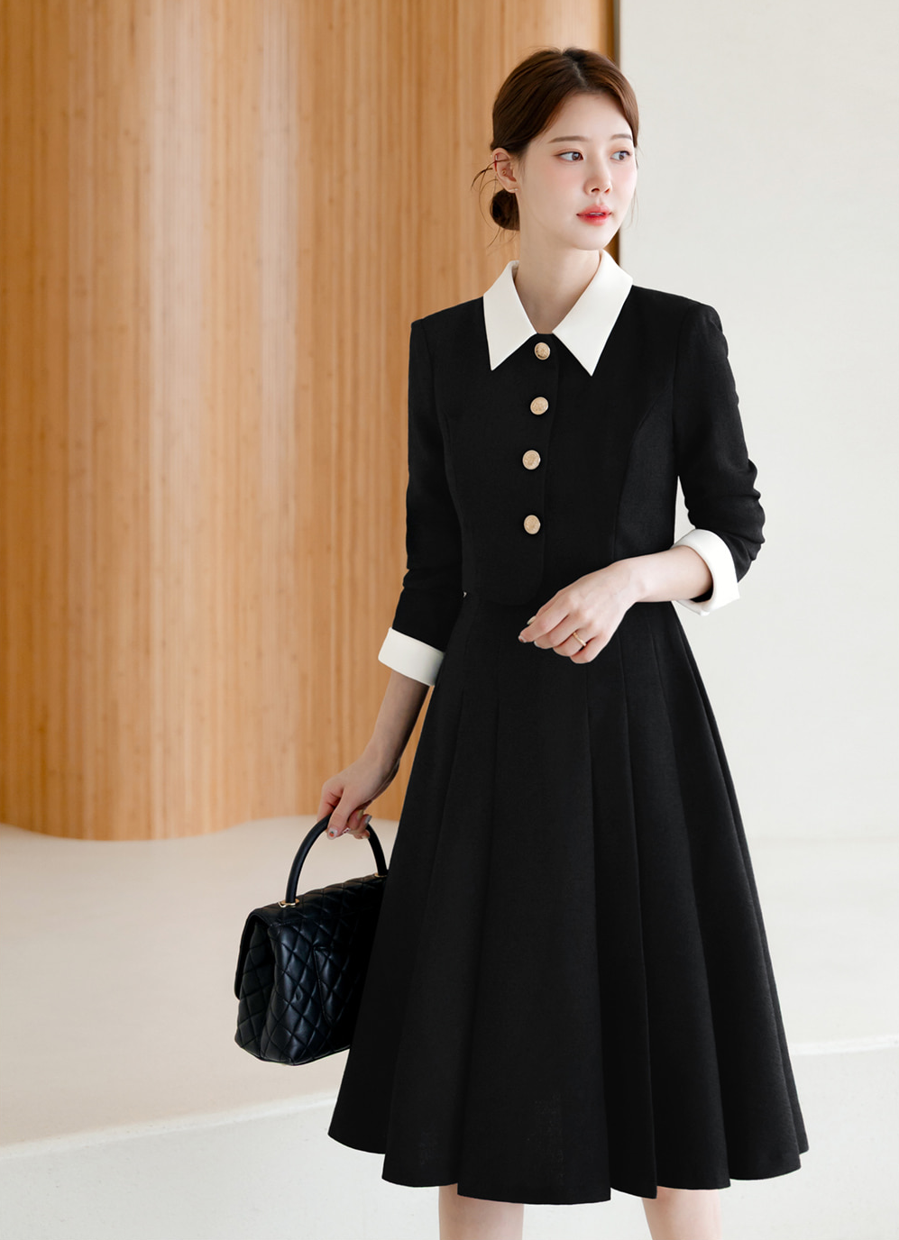 Layered Jacket‑Style Dress with Contrast Collar & Cuffs