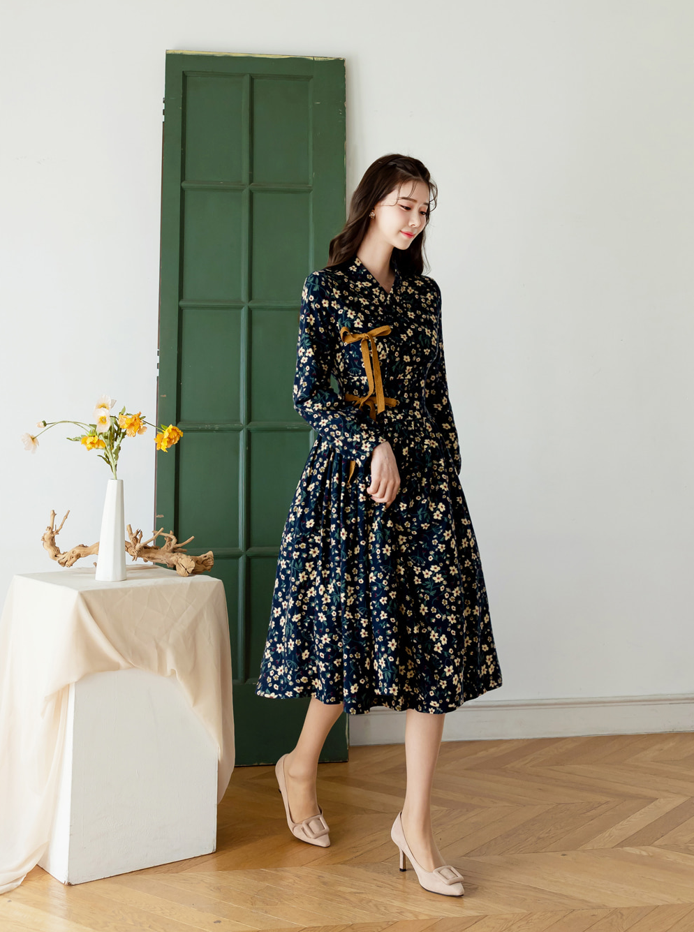 Brushed Fleece Modern Hanbok Wrap Dress with All-Over Small Floral Print