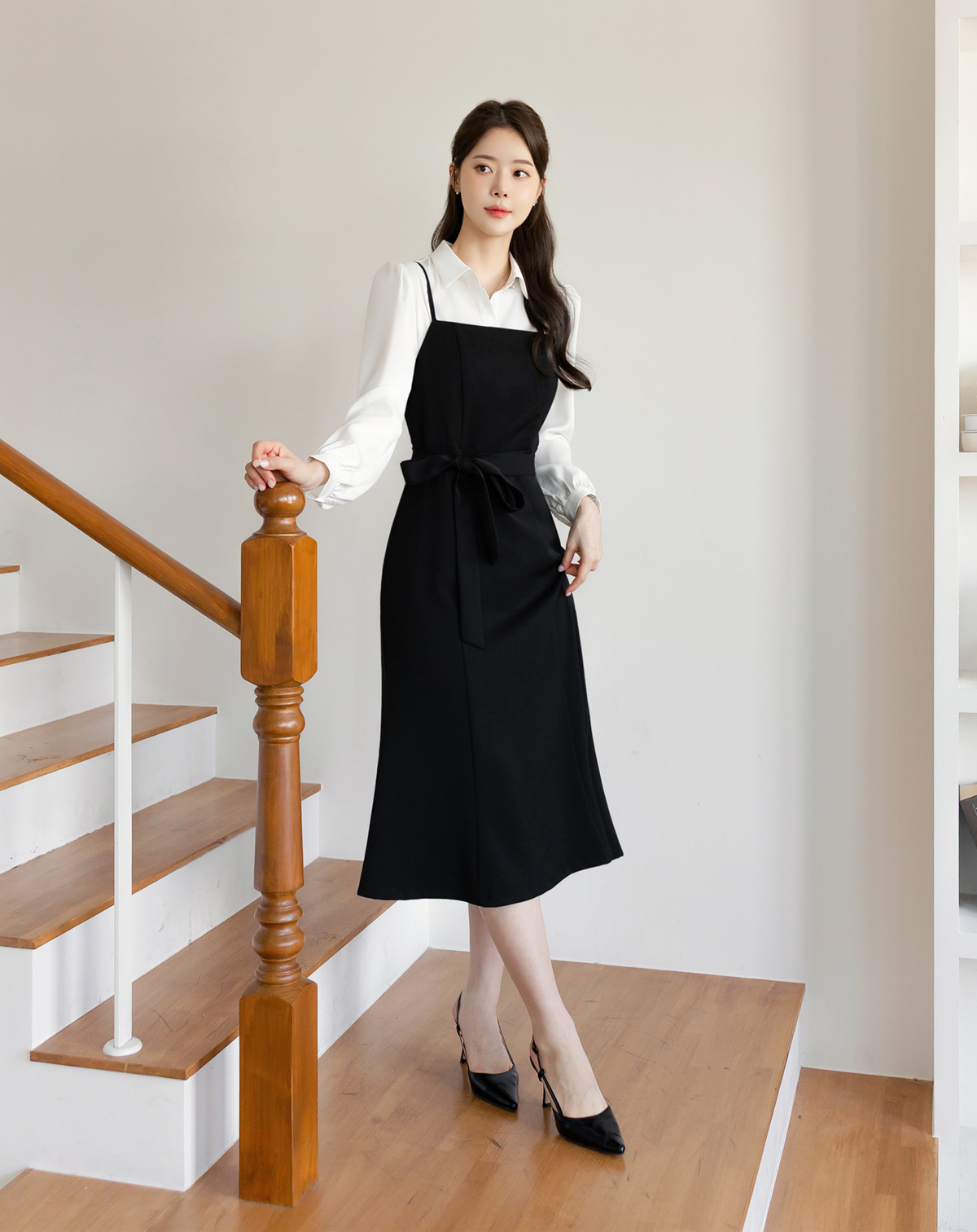 Fit-and-Flare Dress with Slim Straps, Structured Bodice, and Waist Belt