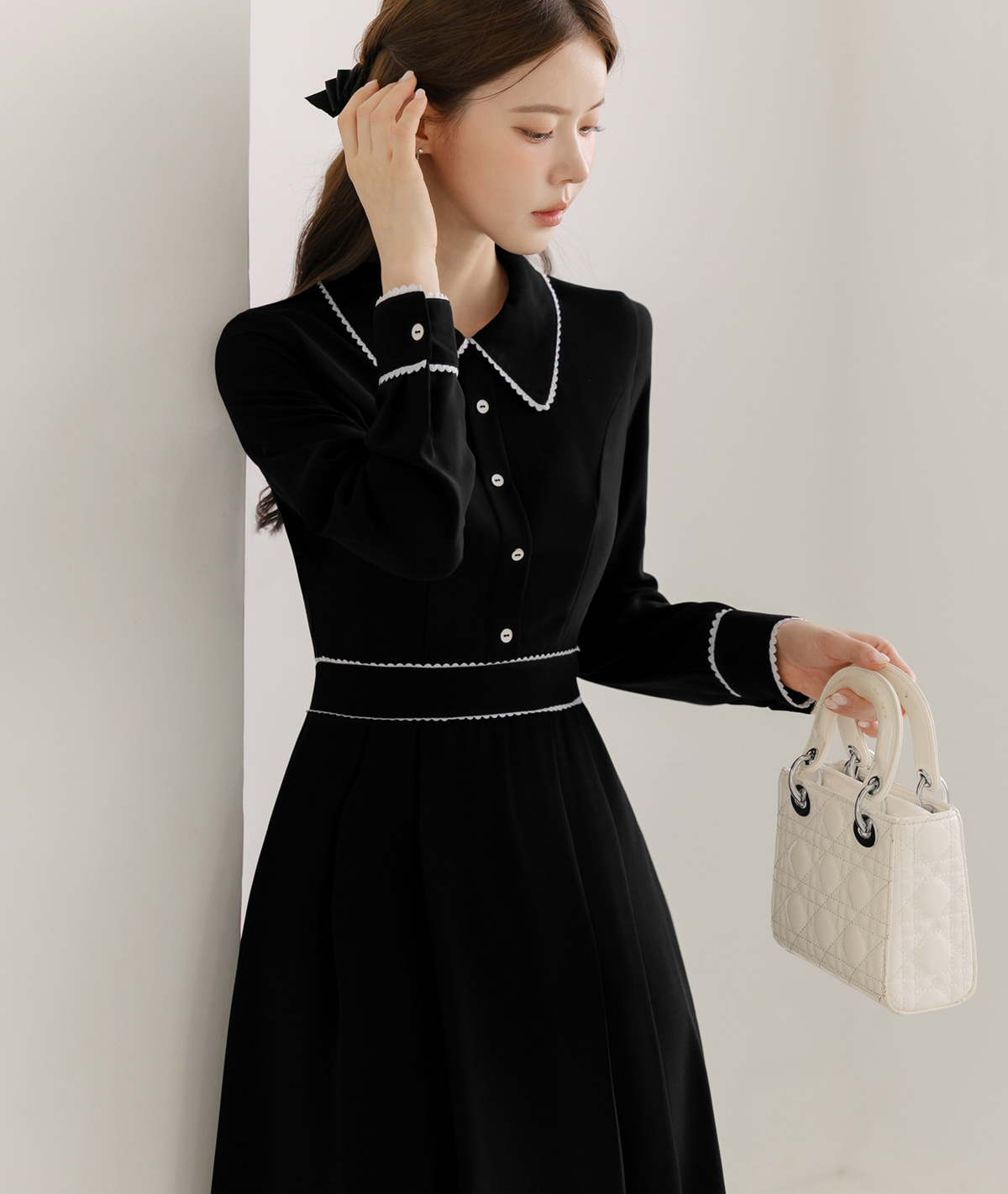 Black Flare Dress with Lace-Trimmed Collar and Enamel Button Detail