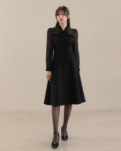 Elegant Tweed Dress with Sheer Tie-Neck Overlay