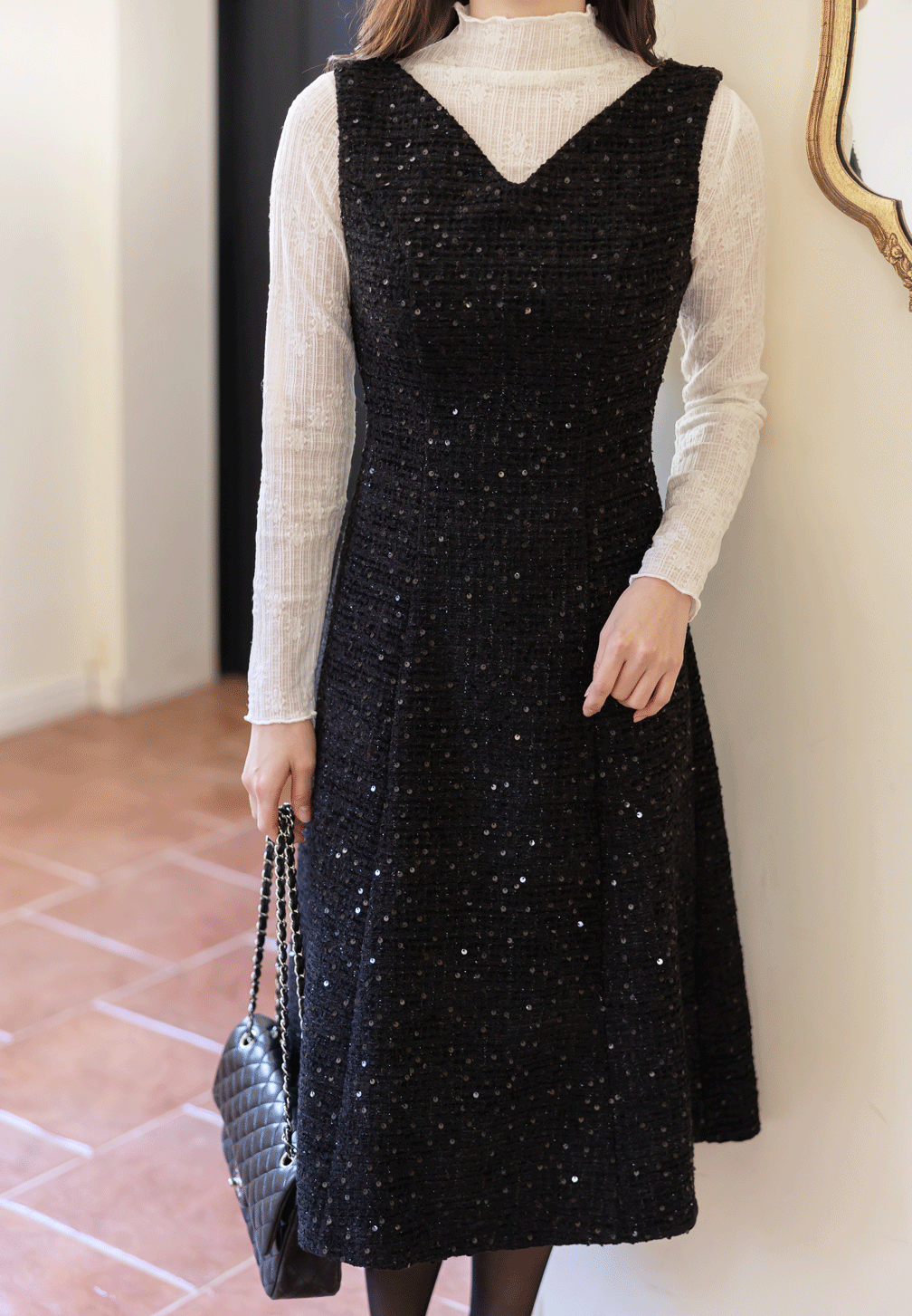 Sequin Tweed Sleeveless Dress with Wide Shoulders and Subtle Shine