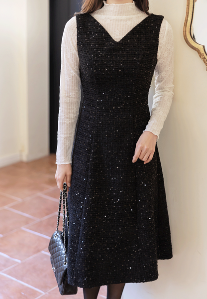 Sequin Tweed Sleeveless Dress with Wide Shoulders and Subtle Shine
