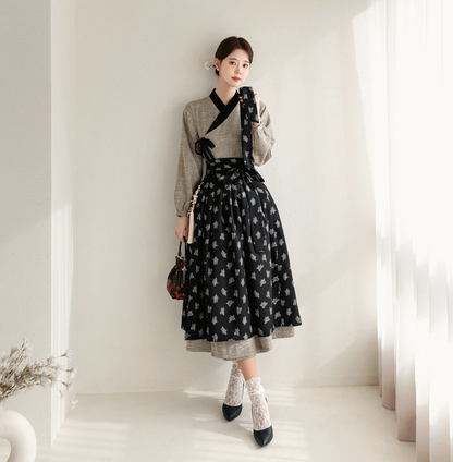 Patterned Black Modern Hanbok Wrap Skirt