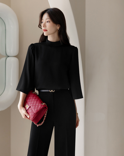 Elegant Mock Neck Blouse with Graceful Wing Sleeves