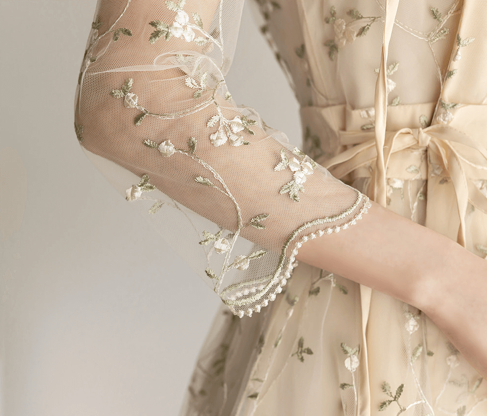 Floral Embroidered Lace Modern Wrap Hanbok Dress with a Romantic Touch