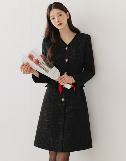 Pearl-Mix Tweed A-Line Dress with V-Neck and Decorative Flap Pockets