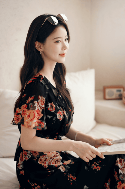 Woman wearing a floral chiffon dress with sheer wing sleeves and a square neckline, sitting and reading in a bright room.