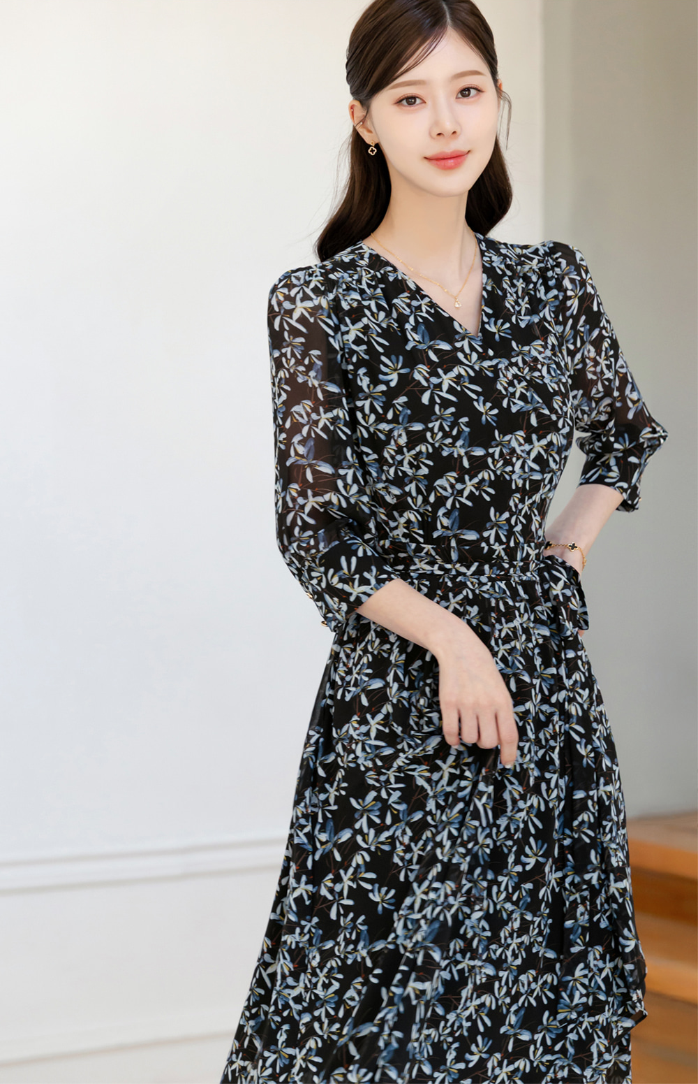 Romantic Floral Chiffon Wrap Dress with Sheer Three-Quarter Sleeves