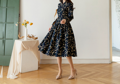 Brushed Fleece Modern Hanbok Wrap Dress with All-Over Small Floral Print