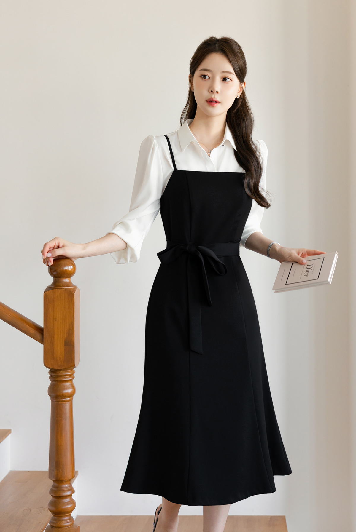 Fit-and-Flare Dress with Slim Straps, Structured Bodice, and Waist Belt