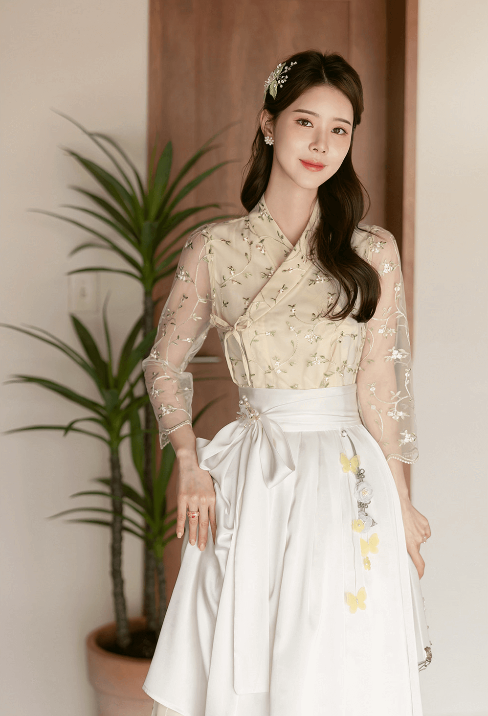 Floral Embroidered Lace Modern Wrap Hanbok Dress with a Romantic Touch