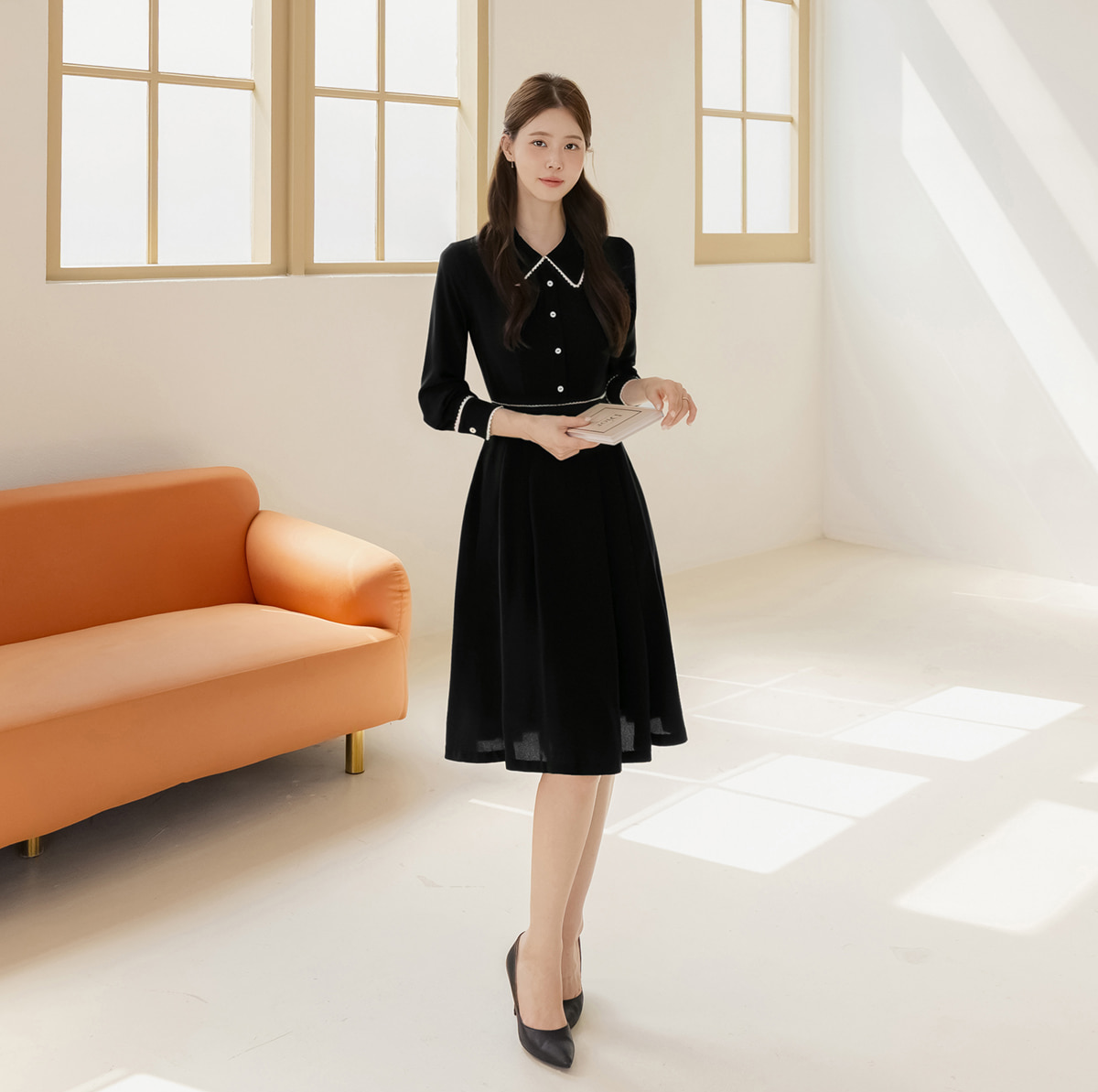 Black Flare Dress with Lace-Trimmed Collar and Enamel Button Detail