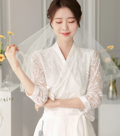 Lace Bodice and Sheer Sleeves Modern Hanbok Wrap Dress