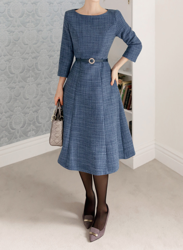 Feminine Boat Neck Blue Tweed Flare Dress with Belt