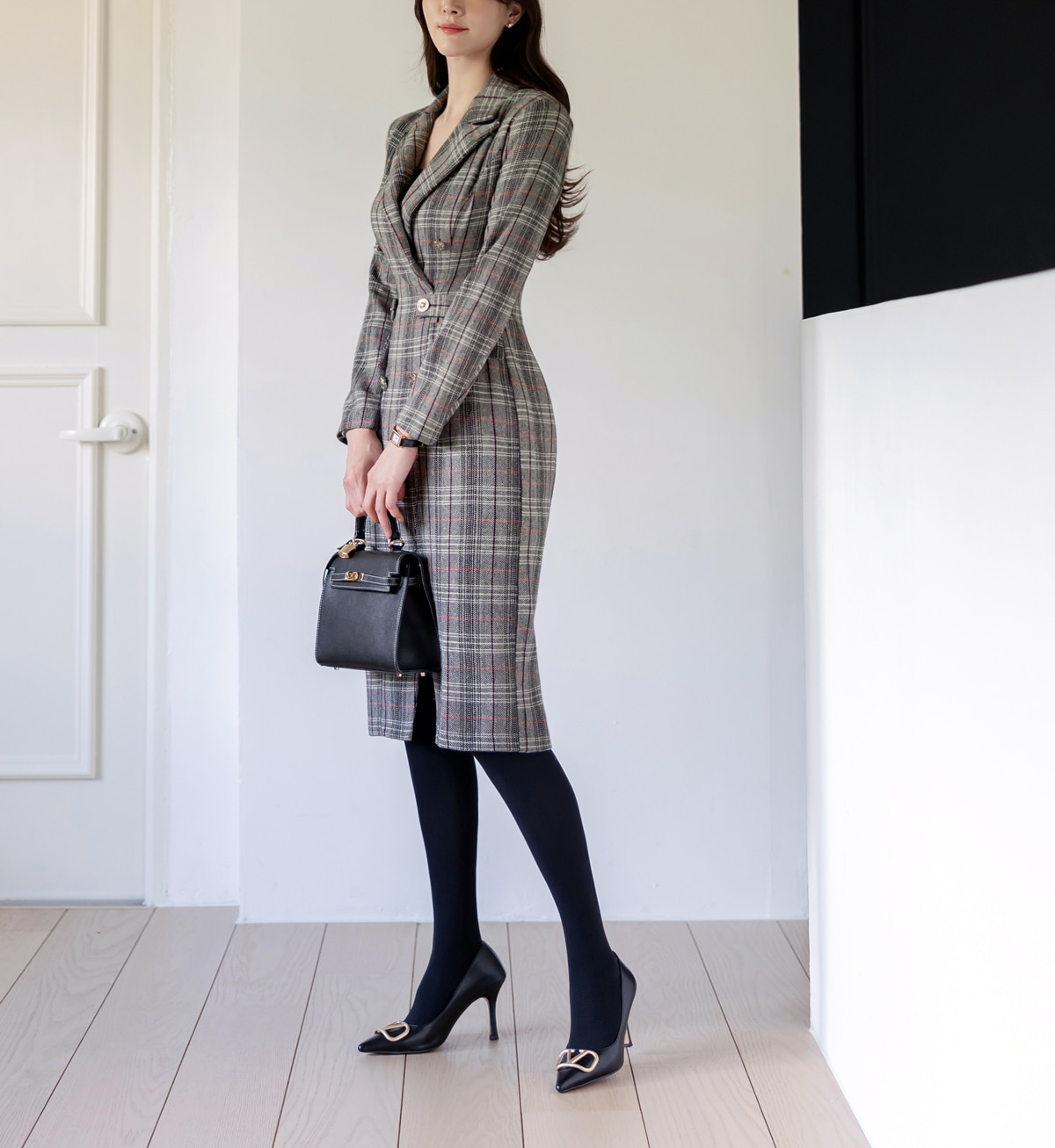 Glen Check Double-Breasted Tailored Dress