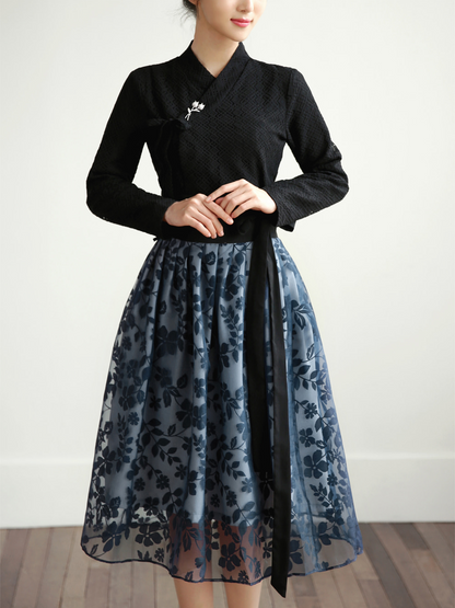 Punched Lace Modern Hanbok Blouse in Black