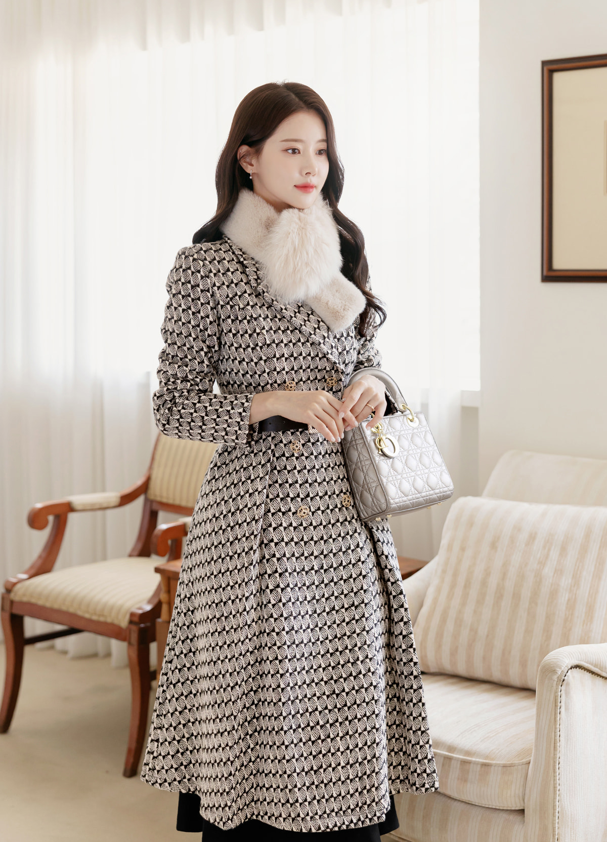 Notched Collar Double Buttons Flare Coat with Belt