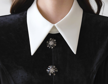 Velvet Flare Dress with Jewelry Buttons, White Collar & Cuffs