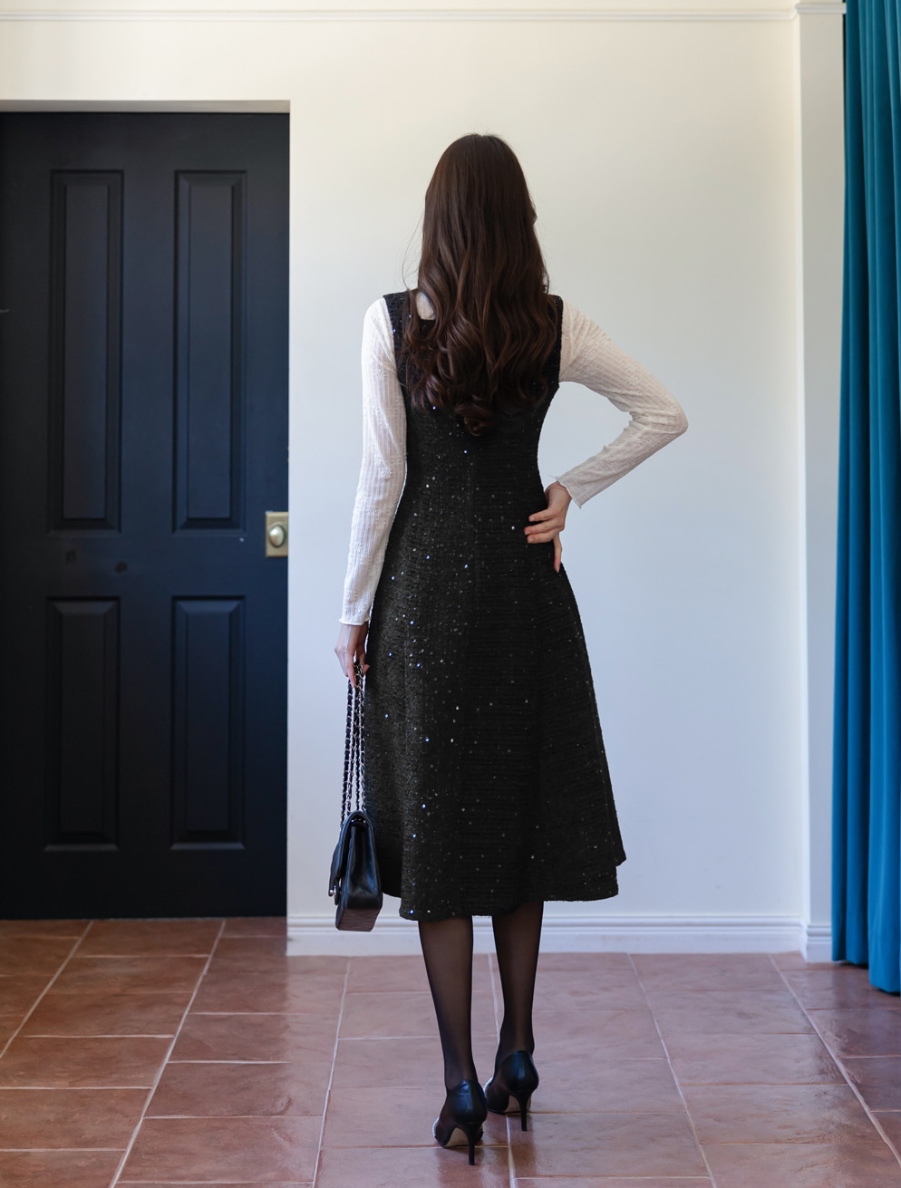 Sequin Tweed Sleeveless Dress with Wide Shoulders and Subtle Shine