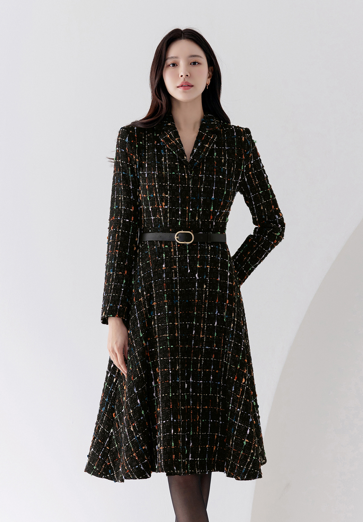 Elegant Tweed Flare Dress with Belted Waist and Gold‑Thread Detail