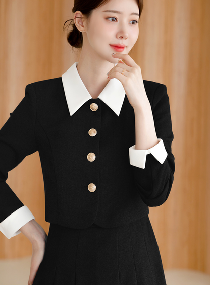 Layered Jacket‑Style Dress with Contrast Collar & Cuffs