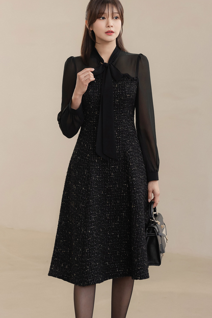 Elegant Tweed Dress with Sheer Tie-Neck Overlay