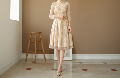 Feminine Floral Lace Modern Hanbok Wrap Dress