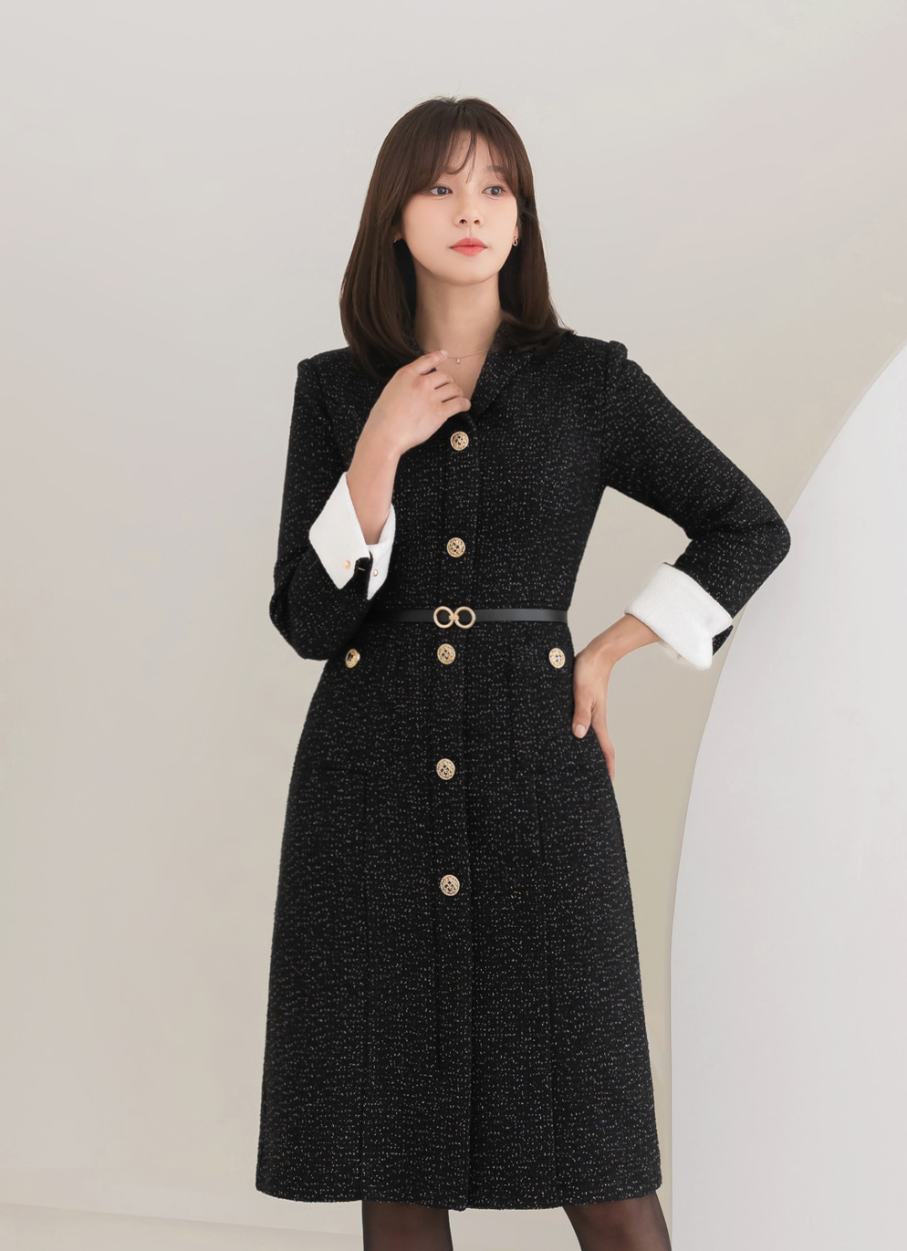 Tailored Silhouette Tweed Dress with Cufflink Detail