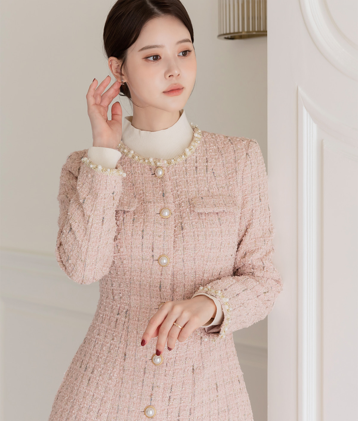 Elegant Long Tweed Jacket with Pearl Trimming