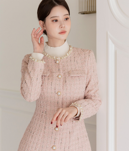 Elegant Long Tweed Jacket with Pearl Trimming