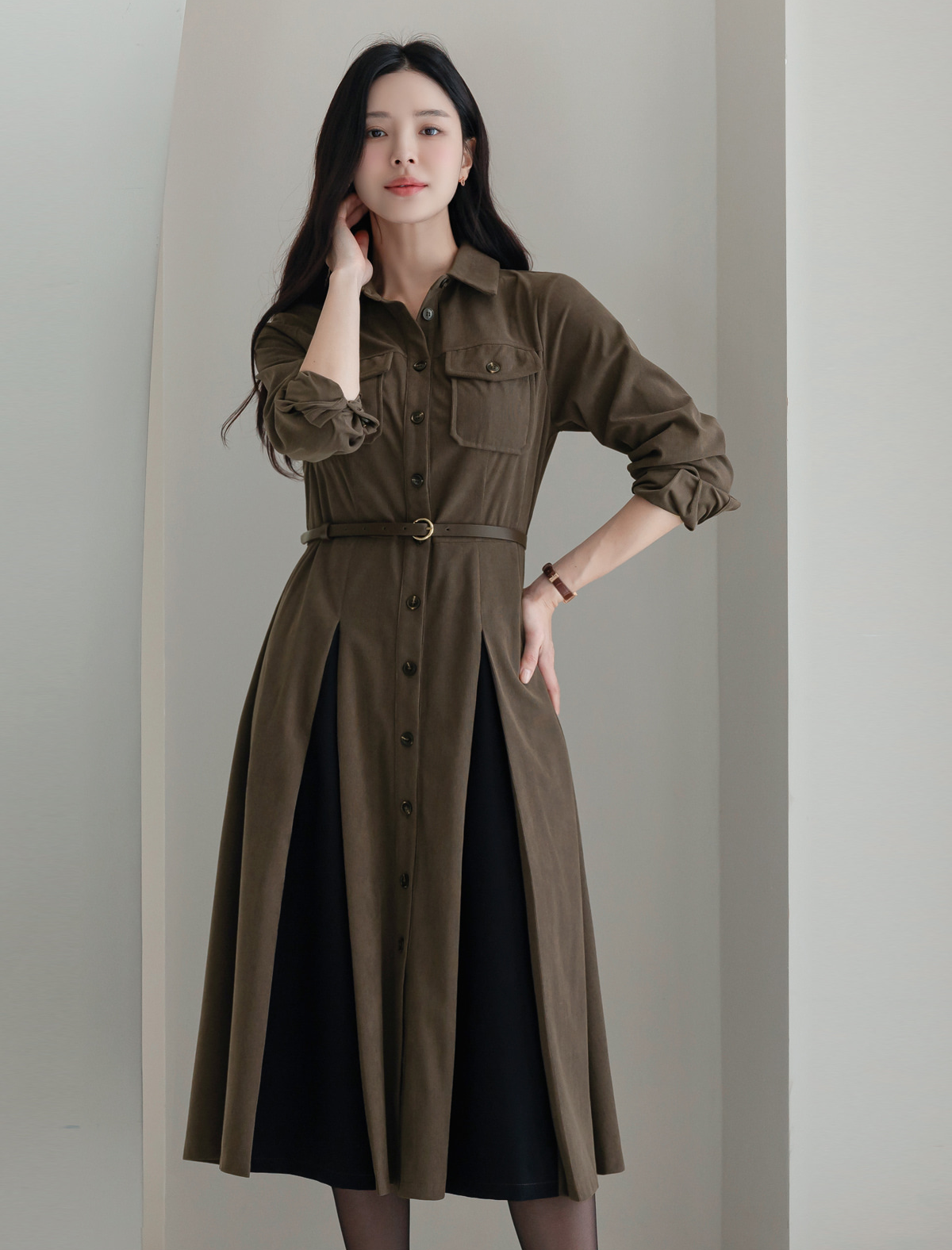 Corduroy A-Line Shirt Dress with Pin-Tuck and Contrast Details