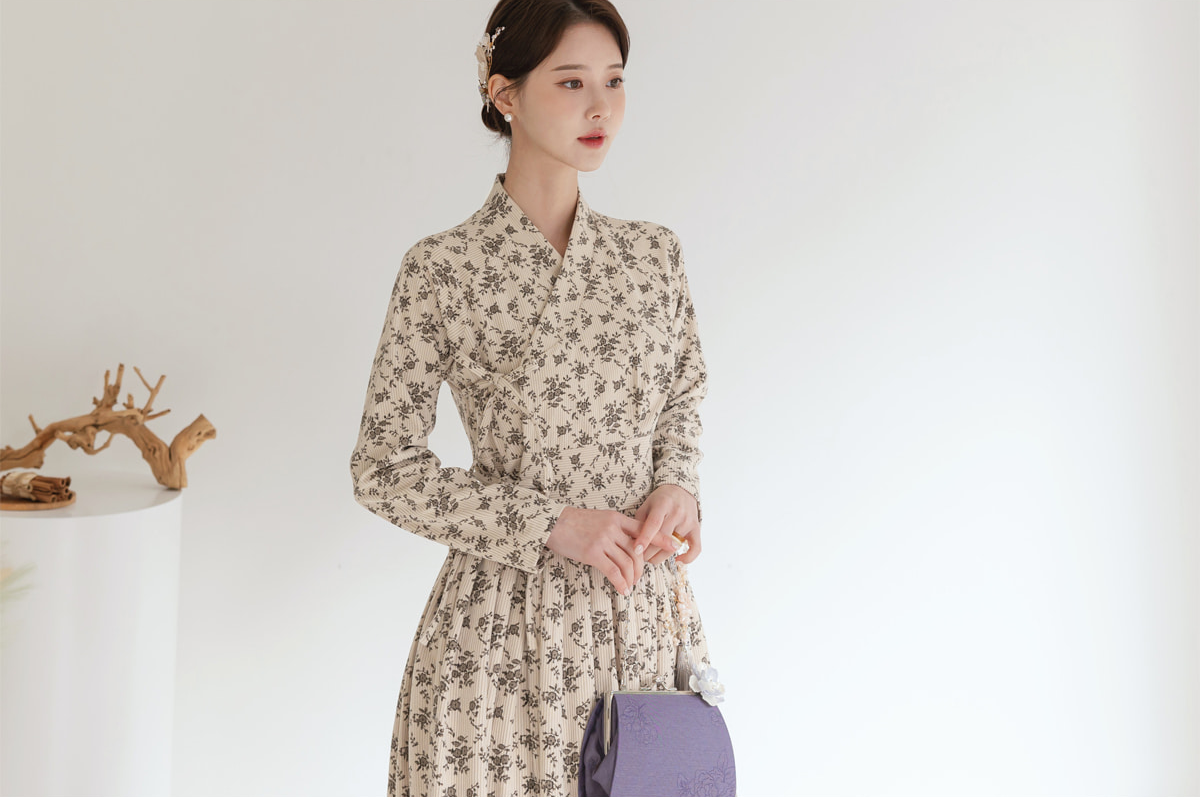 Floral Pattern Corduroy Modern Hanbok Wrap Dress