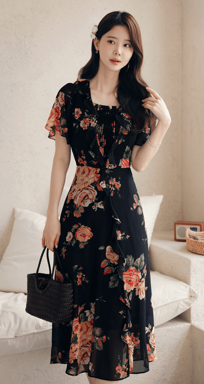 Model wearing floral chiffon dress with sheer wing sleeves and square neckline, in black with flower pattern, holding a handbag.