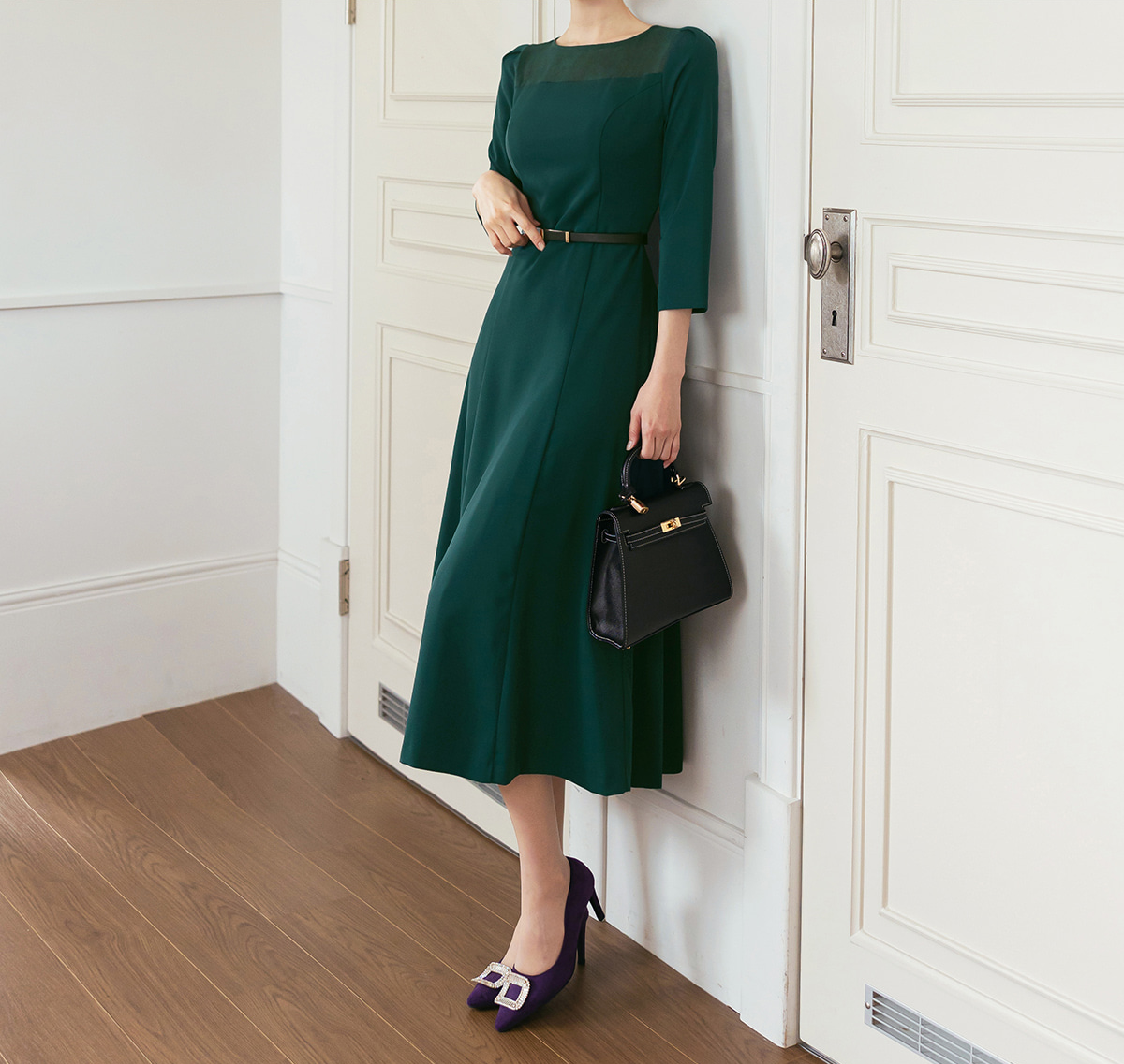 Elegant 3/4 Sleeve Belted Dress with Sheer Neckline Accent