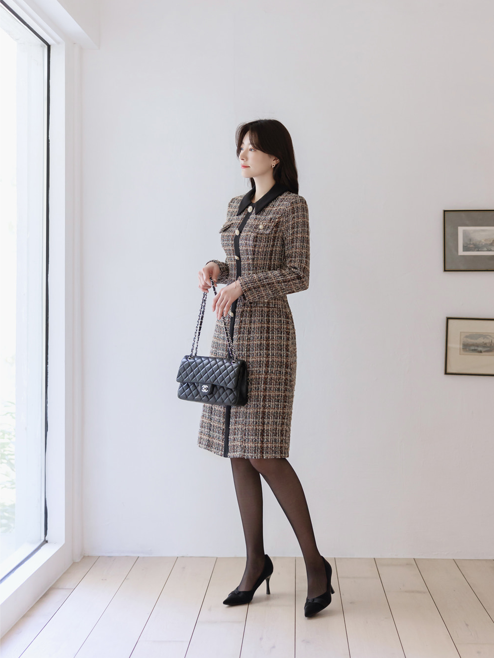 Brown Tweed Fringe Dress with Black Contrast Details